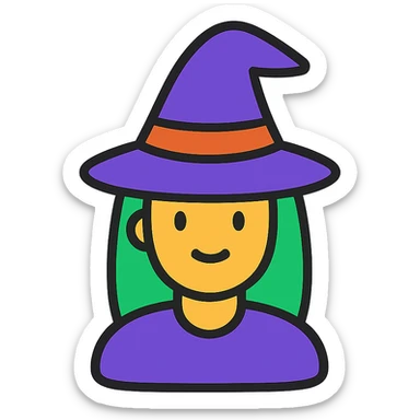 witch icon, color outline style, black outlines with subtle color accents, minimalistic sticker