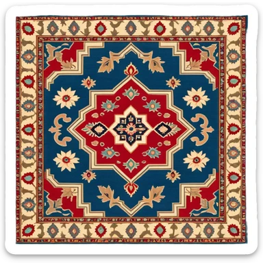 Cinematic Realistic depiction of a richly patterned Turkish carpet, rendered with exquisite details and vibrant colors, set against a soft, warmly lit background that emphasizes its artisanal craftsmanship sticker