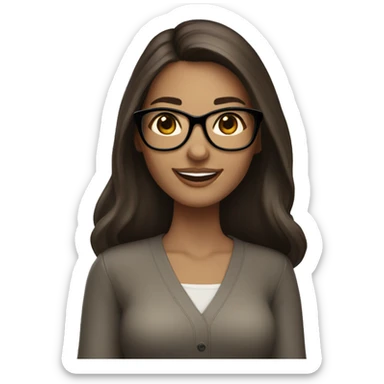Light brunette woman, long dark hair, light brown eyes, smiling, big eyelashes, white glasses, with iPad in hand sticker