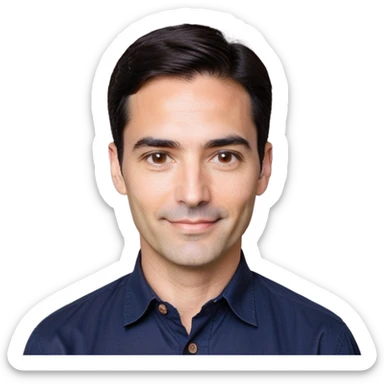 Man in his 40s with wide square face, marked jawline, full cheeks, friendly expression, medium dark brown eyes, thick natural eyebrows, straight wide nose, medium lips curved slightly upward in a relaxed smile, short neat dark brown almost black hair, wearing a navy blue button-up shirt sticker
