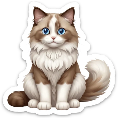 cinematic-[brown and white ragdoll cat]-realistic-full-body-sitting-emoji,-tail-curled-playfully-around-its-paws,-head-tilted-dramatically,-fluffy-[brown and white]-fur,-simplified-yet-realistic-focused-features,-highly-detailed,-glowing-with-an-almost-sarcastic-glow, with blue eyes sticker