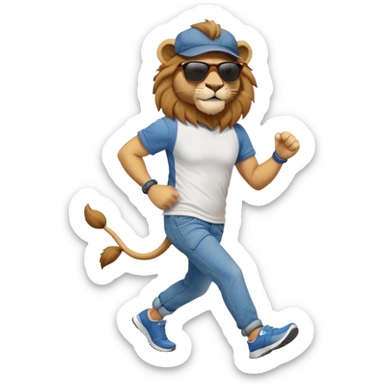 friendly anthropomorphised lion in jeans and a t-shirt, wearing dark sunglasses and a hat, jogging upright in relaxed pose sticker