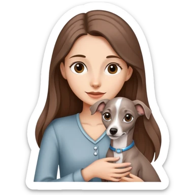 A girl with long brown hair holding a gray Italian Greyhound sticker