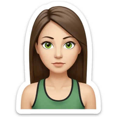 43 year old Adult woman avatar, light skin tone, long, oval face, long straight ashy brown hair, green almond-shaped eyes with dramatic eyelashes and minimal eyeliner, neutral mouth, medium straight eyebrows, average nose, smooth skin, high-neck tank top  sticker
