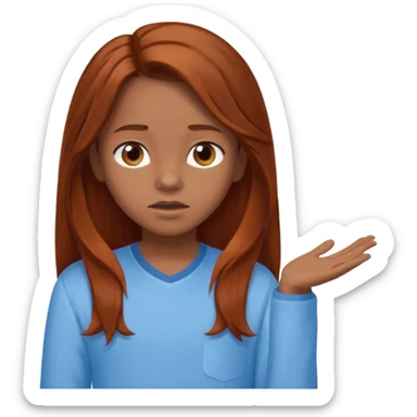shrugging emoji brown eyed tween long auburn hair light blue shirt with a darker blue L sticker