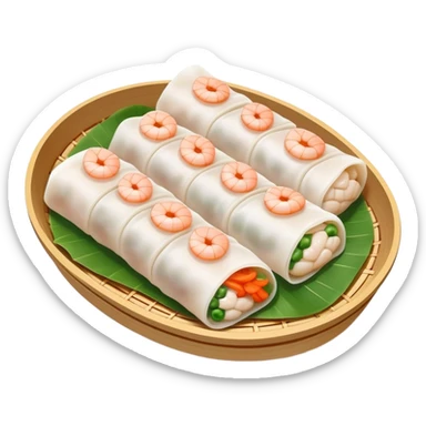 Shrimp rice noodle roll Har Cheung Fun with visible shrimp inside, simplified emoji style with bold outlines and bright colors, cartoon style Cantonese dim sum specialty sticker