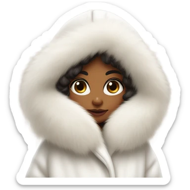 Tanned Girl with lashes ,  in an extremely big fluffy oversized white fur coat with hood on. The fur is real and it’s very obvious big and fluffy like in Pinterest  sticker