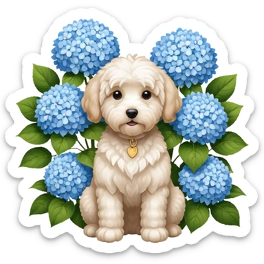 A goldendoodle and a white Maltese sitting in front of a hydrangea bush sticker