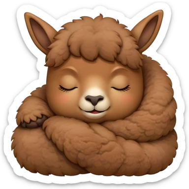 Meme-Worthy Cute Sleeping Brown Alpaca Portrait Emoji, Head resting peacefully with a contented smile, showcasing a delightfully sturdy build and a luxuriously soft brown fleece, eyes shut in a serene nap, Simplified yet hilariously adorable features, highly detailed, glowing with a soft, drowsy light, high shine, relaxed and utterly lovable, stylized with an air of playful laziness, bright and heartwarming, soft glowing outline, capturing the essence of a comically sleepy alpaca, so meme-worthy it feels like it could instantly become the next viral sensation of adorable slumber! sticker