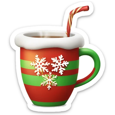 mugs with a hot drink decorated with snowflakes or a striped caramel stick. Steam rises from the mug in the shape of hearts. The color of the mug is warm red or green to convey the New Year mood sticker