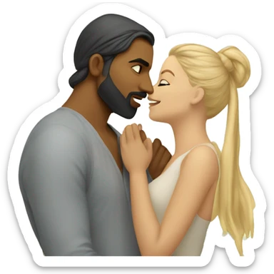 blonde woman with indian man that has a beard and long hair in a ponytail, romantic kiss under tree sticker