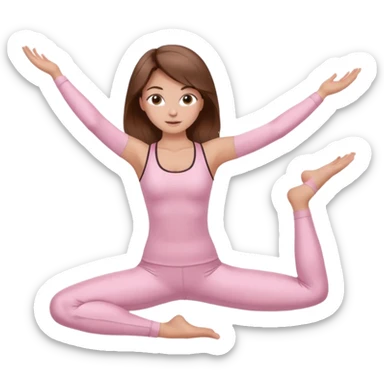 brown hair girl wearing light pink pilates clothes, silk beautiful medium hair and brown eyes, hands down sticker