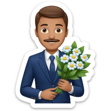 homme âgé 23 ans brun bronzé en costume bleu foncé souriant avec moustache portant un bouquet fleurs blanche  sticker