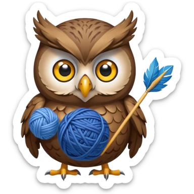 Owl holding blue yarn ball and knitting needles sticker