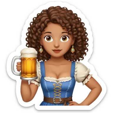A woman with brown, shoulder-length curly hair and brown eyes she is wearing a dirndl and holding a beer stein sticker