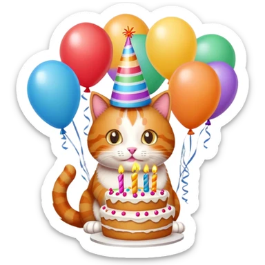 Ginger cat celebrates birthday, birthday hat, birthday cake, balloons, happy, gifts sticker