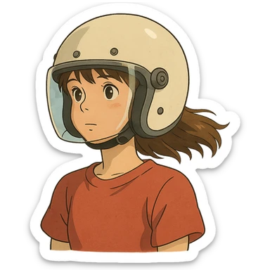 ghibli style illustration of a girl wearing a motorcycle helmet sticker