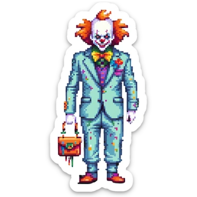 demonic clown wearing a leisure suit with accessories sticker