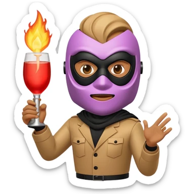 A 3D cartoon masked figure holding a lit Molotov cocktail, dark background, dramatic light, realistic Memoji-style. sticker