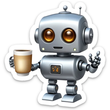 A cute robot holding a steaming coffee mug sticker