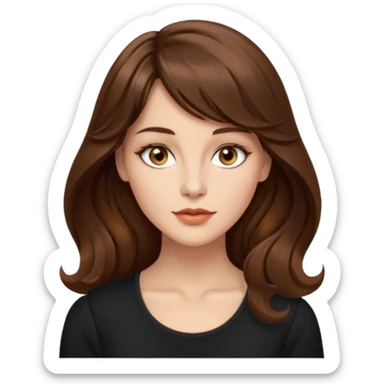 kahverengi uzun Dalgalı saçlı, hafif perçemli; kehribar gözlü, küçük kalkık burunlu ve dolgun dudaklı. Oval yüzlü, çıkık elmacık kemikli. Omuzları geniş, beli ince, kalçası dolgun.şık bir tarzda, dikkat çekici bir kadın. siyah üstü olucak. sticker