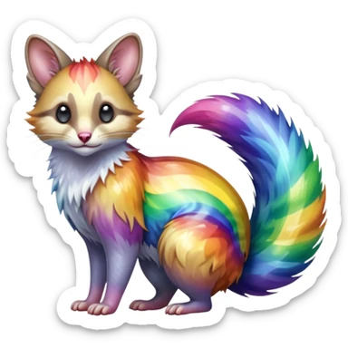 Hyper realistic  prismatic glass-rainbow fur bending light into liquid shimmer waves beautiful elegant pretty precious cute  Fakémon-Pokémon-opossum-feline-serval-caracal-chinchilla-Furret-Minccino-hybrid-creature with a big fluffy bushy tail (full body) sticker