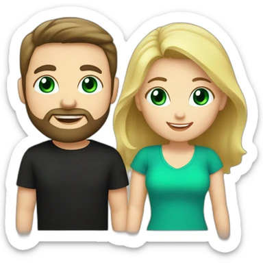 A happy couple, blond chubby girl with blue eyes and black haired and bearded man with green eyes. The man wears a black t-shirt sticker
