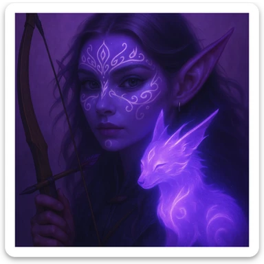 Add a magical pet companion, such as a glowing spirit fox or small dragon, beside the purple fantasy elf archer. Keep the fantasy theme and color harmony in a style consistent with the original image. sticker