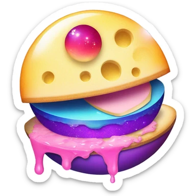 sparkly glittery blue purple and pink gradient planet with a saturn ring dripping cheese sticker