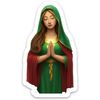Virgin Mary: kind face looking down at the left, long brown hair, Wearing an emerald green  robe with gold stars and a burgundy red dress,  Hands in prayer or blessing. Halo around her head. standing in front of a big sun. colorful roses on the sides  sticker