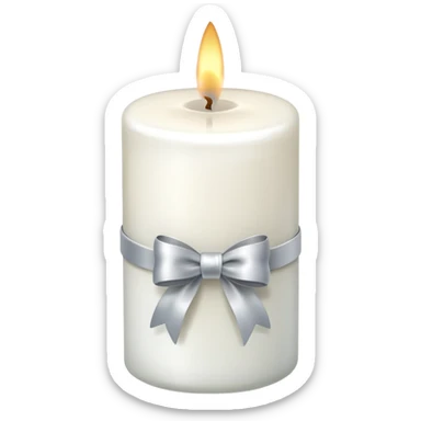 white candle with a silver bow sticker