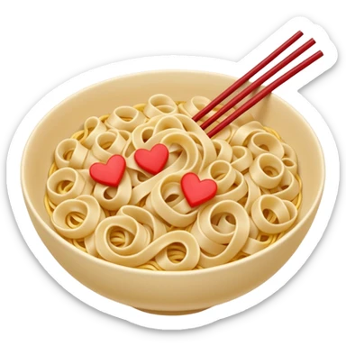 loose tangle of pale yellow cooked noodles with soft glossy texture and natural curves, strands slightly twisted and overlapping, freshly prepared dish, no bowl chopsticks or sauce, soft lighting, subtle shadows, emoji scale, make the noodles heartshaped and add tiny red hearts on the noodles sticker