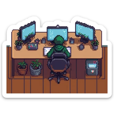 hacker, pixel art, sitting at a desk with multiple monitors, retro vibe sticker