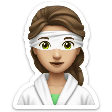 A girl with brown hair and green eyes wearing a mask on her face, a white towel on her head and a white bathrobe sticker