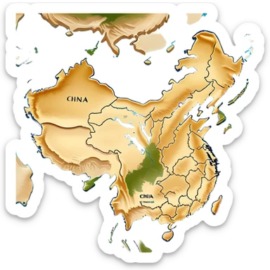 Cinematic-realistic outline of china, featuring its distinct landmass with accurately defined coastlines. The deep blue ocean surrounds the golden-brown continent, with subtle topographic shading to highlight its terrain. A soft glowing effect enhances the edges, making the shape stand out against a neutral, textured background. sticker