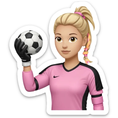 Make a dirty blonde football goalkeeper with goalkeeper gloves on. light skinned and wearing a light pink football kit. Wearing one ponytail on back of head. Make it without the whole body. With full sleeves. No RUGBY BALl.  BLACK AND WHITE BALL.  Holding the ball regularly sticker