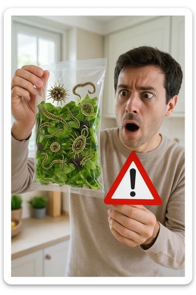 a man with a shocked expression holds a bag of salad greens up to the light. Through the clear plastic, enlarged and detailed images of various parasites and bacteria are visible among the leaves. A red warning triangle with an exclamation mark floats near the bag, emphasizing the health risk. The setting is a bright, everyday kitchen. sticker