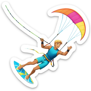 A kitesurfer soaring through the sky, harnessing the wind on a bright, colorful kite. The scene shows the surfer gliding over the water with the kite above, emphasizing the freedom, speed, and thrill of the sport in a dynamic coastal setting. sticker