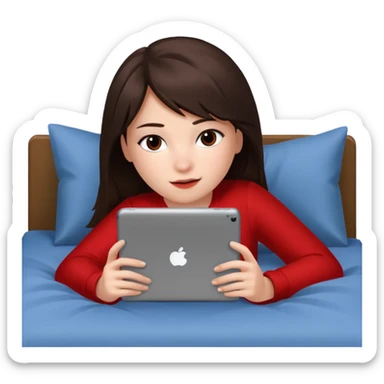A teen brunette with a red peekaboo Laying in bed on her iPad playing Roblox  sticker