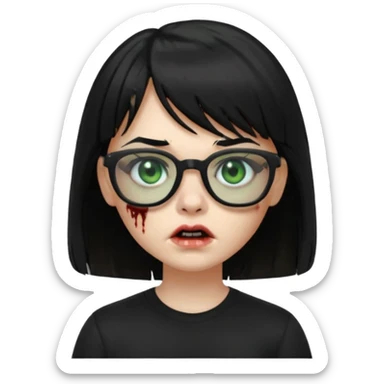 A zombie girl in Apple Memoji format with straight black hair with bangs, wearing a black shirt and black glasses sticker