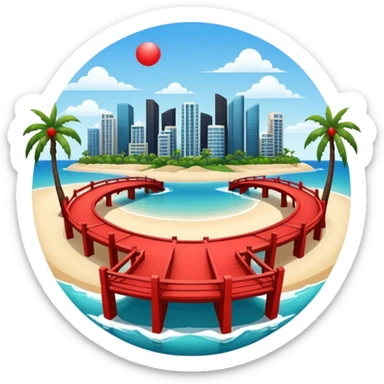 a circle island with modern buildings, a beach with palm trees and a red bridge in the back  sticker