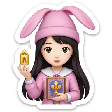 pixel art chibi asian girl with dark long hair in pink bunny hat magical girl with kawaii tarot cards thrown in air pixel emoji sticker