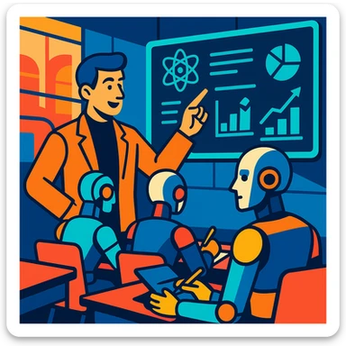 A futuristic classroom scene with a human teacher pointing at a holographic blackboard while androids take notes sticker