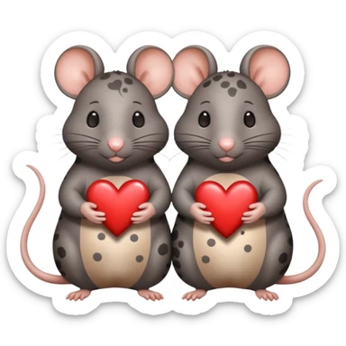 two fat little rats holding hearts one dark grey with white bigger spots the other rat warm brown without spots sticker