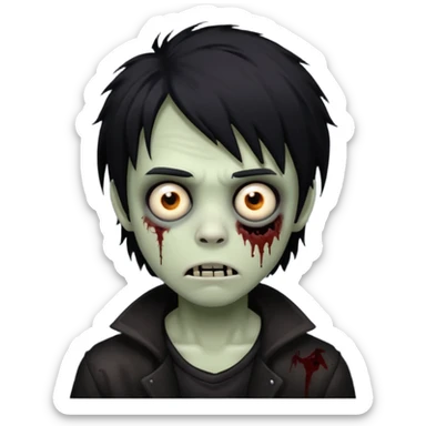 boy zombie with black medium-long emo shaggy hair, dark and spooky, creepy expression sticker