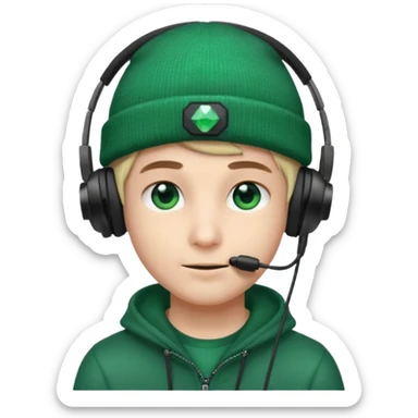 garcon avec un bonnet avec un emeraude dessus et un casque gaming sticker