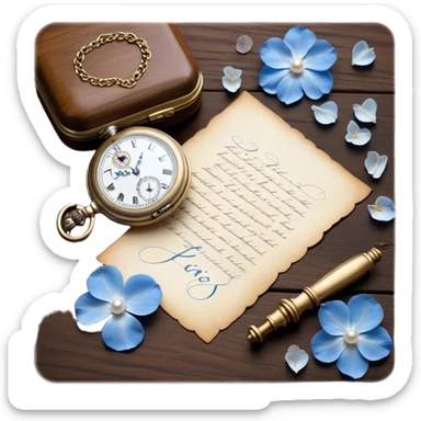An elegant still life of a vintage pocket watch with an engraved case, lying next to a faded love letter sealed with a pearl wax stamp, surrounded by delicate white and blue floral petals.
 sticker