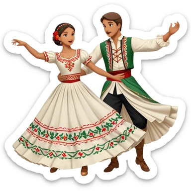 cinematic-realistic-scene-of-two-male and female dancers-performing-the-tarantella,-dressed-in-flowing-traditional-italian costumes-with-detailed-embroidery-and-dynamic-skirts,-captured-in-festive-motion-with-warm,-lively-lighting sticker