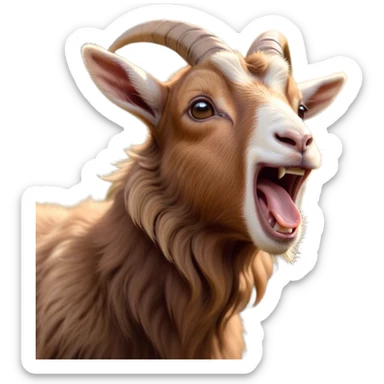 Cinematic Cute Yawning Brown Goat Portrait Emoji, Head tilted slightly with a dramatic, wide-open yawn, showcasing a soft, downy brown fur with delicate horns and gently drooping ears, round eyes barely open in drowsy contentment, Simplified yet irresistibly adorable features, highly detailed, glowing with a soft, cozy glow, high shine, relaxed yet expressive, stylized with a touch of rustic whimsy, bright and endearing, soft glowing outline, capturing the essence of a sleepy yet affectionate goat, so drowsy it feels like it could stretch out of the screen and curl up for a nap! sticker