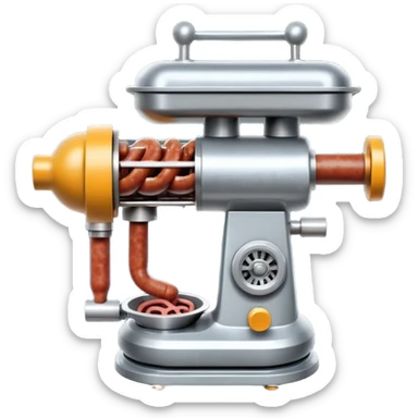 sausage-processing droid. retro-futuristic style. top is a circular industrial meat grinder with rotating gears and blades. Two robotic arms feed material into grinder. Sausage links extrude from the rear like  factory. The body is metallic, compact, and floats above the ground.no legs. Dark humor sticker